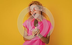 happy woman with icelolly ice cream on background. photo of woman