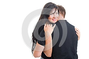 Happy woman inlove hugging man or boyfriend