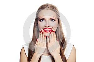 Happy woman isolated on white background. Smiling girl with red manicure and red lips makeup, pretty face