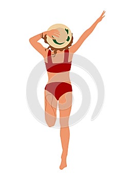 Happy woman jumping in bikini back view.