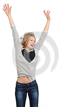 Happy woman jumping isolated