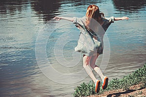Happy Woman jumping up Flying levitation