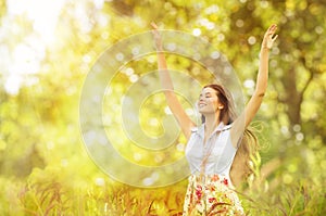 Happy Woman Life Style, Smiling Girl Raised Open Arms, Outdoor photo