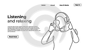 Happy woman listening music, continuous one line drawing. Vector illustration cheerful girl hearing entertainment audio. Landing