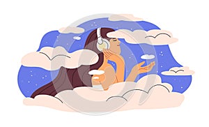 Happy woman listening to relaxing music. Girl enjoying calm songs records in headphones. Person among sky and clouds