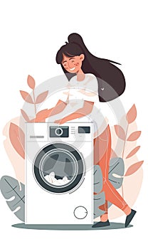 happy woman loading laundry machine with linen and clothes, female doing chores at home, domestic life