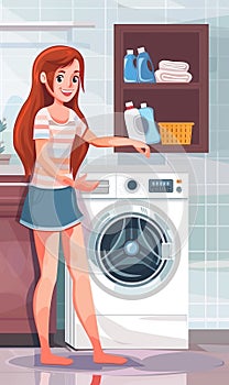 happy woman loading laundry machine with linen and clothes, female doing chores at home, domestic life