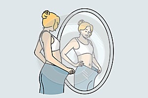 Happy woman look in mirror see diet results