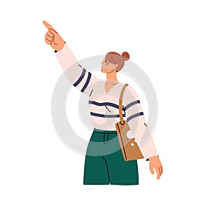 Happy woman looking, pointing up. Excited smiling female character showing something with finger, gesturing with hand