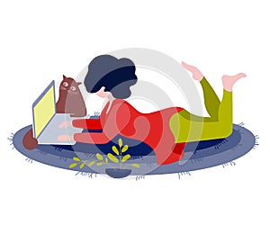 Happy woman lying on the mat at home with laptop and cat. Womens freelance. Concept illustration for working, studying, education