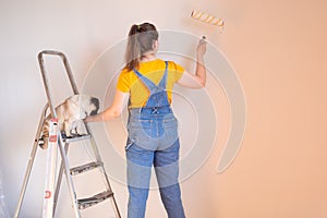 Happy woman makes repairs in her apartment with her funny pug dog. happiness in anticipation of a new home and moving