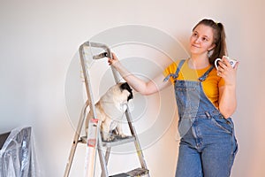 Happy woman makes repairs in her apartment with her funny pug dog. happiness in anticipation of a new home and moving