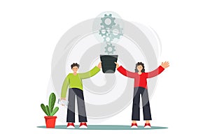 Happy woman and man having creative idea, businesswoman standing with idea documents and light bulb above his head
