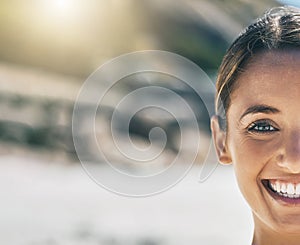 Happy, woman and mockup of a person outdoor feeling happiness, freedom and positive. Portrait of a female friendly face