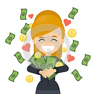 Happy woman with money.