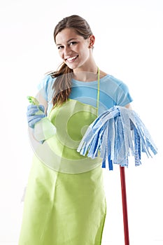 Happy Woman With Mop and Spray Bottle