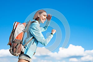 Happy woman mountain hiker