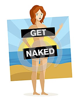 Happy woman naked on nudist beach photo