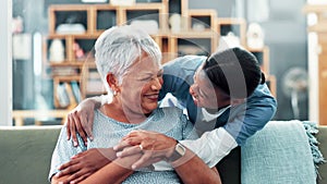 Happy woman, nurse and hug with patient for healthcare, support or trust at retirement home. Portrait of senior and