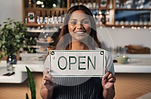 Happy woman, open sign and portrait at cafe of small business owner or waitress for morning or ready to serve. Female