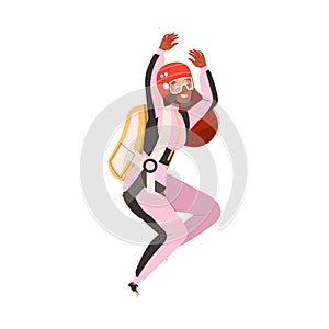 Happy Woman Parachutist Skydiving and Free-falling in the Air Descenting on the Earth Vector Illustration
