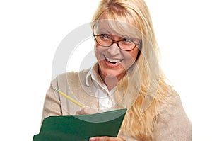 Happy Woman with Pencil and Folder