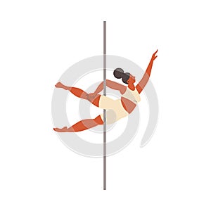 Happy woman performing pole dance on vertical pylone, flat vector illustration isolated on white background.