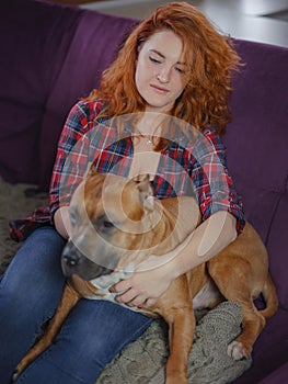 Happy woman petting her merican staffordshire terrier on couch at home in living room