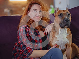 Happy woman petting her merican staffordshire terrier on couch at home in living room