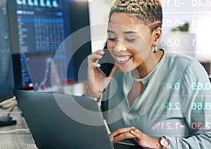 Happy woman, phone call and broker consulting in trading, stock market or discussion for online finance at office