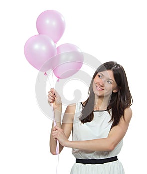 Happy woman with pink balloons as a present