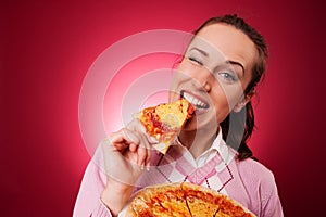 Happy woman with pizza