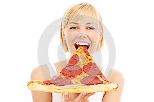 Happy woman with pizza