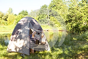 A happy woman in a plaid shirt looks out of a tourist tent on a hike on the riverbank in the morning. Camping in nature, overnight