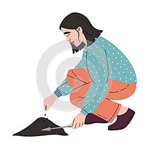 Happy woman plants seeds in the ground. Urban gardening. Vector illustration.