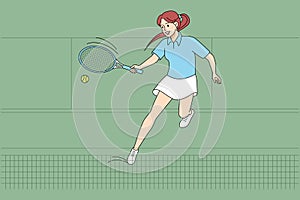 Happy woman playing tennis on court