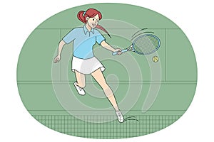 Happy woman playing tennis on court