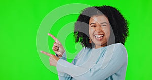 Happy woman, pointing finger and green screen for advertising, announcement or promotion. Face and hands of excited