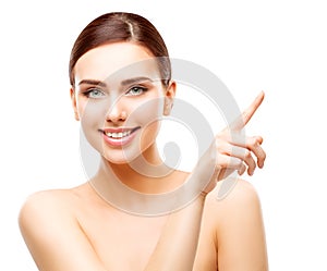 Happy Woman Pointing by Finger, Smiling Girl Beauty Face Makeup