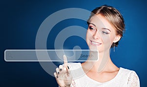 Happy woman pointing to empty address bar in virtual web browser