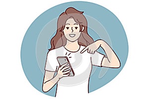 Happy woman points finger at mobile phone screen to announce that has read great news. Vector image