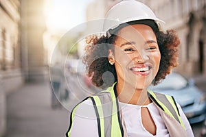 Happy woman, portrait and architect in city for construction, industrial ambition or outdoor career. Face of female