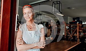 Happy woman, portrait and arms crossed in small business confidence at entrance for workshop in retail store. Confident