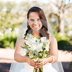 Happy woman, portrait and bride with bouquet of flowers for wedding, marriage or ceremony in outdoor nature. Female