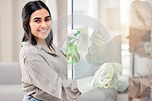 Happy woman, portrait or gloves for cleaning glass in home maintenance for germ protection or bacteria. Smile, wipe or