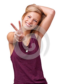 Happy woman, portrait and peace sign with fashion or smile isolated on a white background. Casual girl, model and