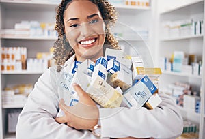 Happy woman in portrait, pills and pharmacist in pharmacy with healthcare and medicine in drug store. Vitamins