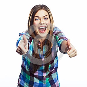 Happy woman portrait. Smiling girl isolated. white background.