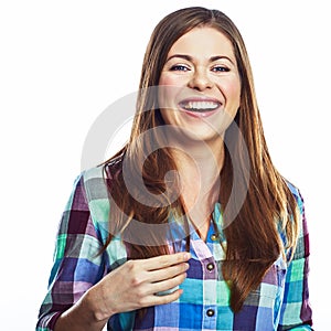 Happy woman portrait. Smiling girl isolated. white background.