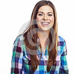 Happy woman portrait. Smiling girl isolated. white background.